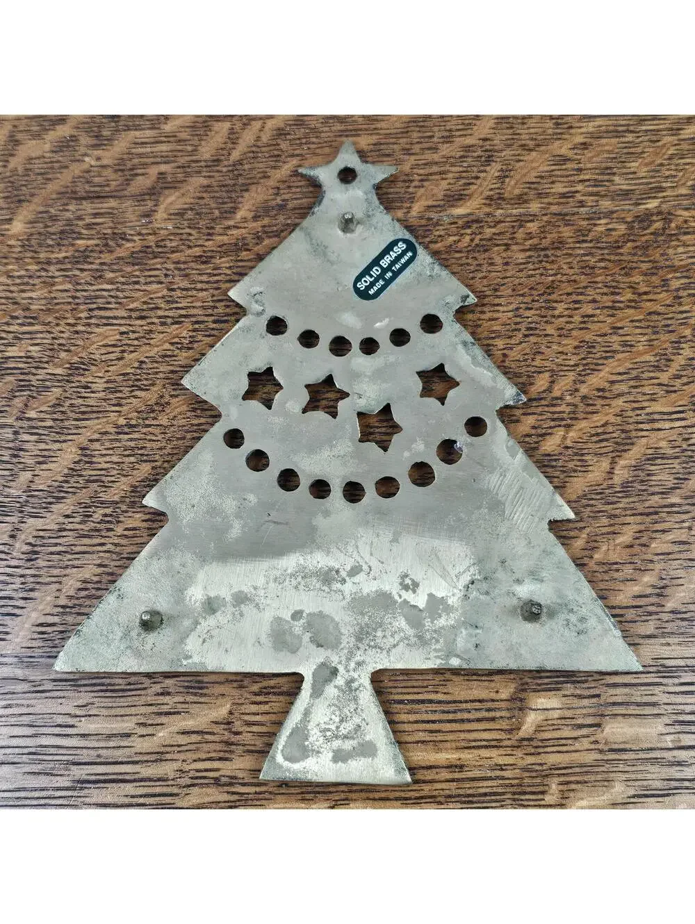 Vintage Solid Brass Christmas Tree Trivet | Teddy Bear Toy Car Kitchen Decor